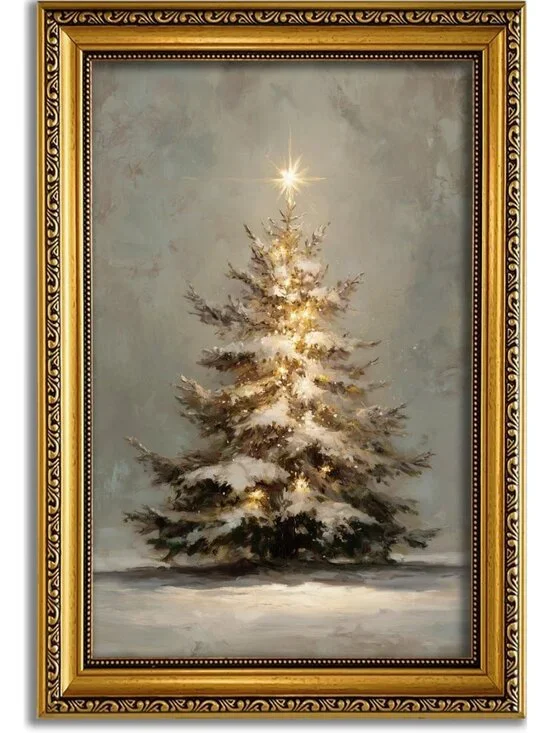Vintage Snowy Christmas Tree Wall Art, 16x24 Inch Gold Framed Decor