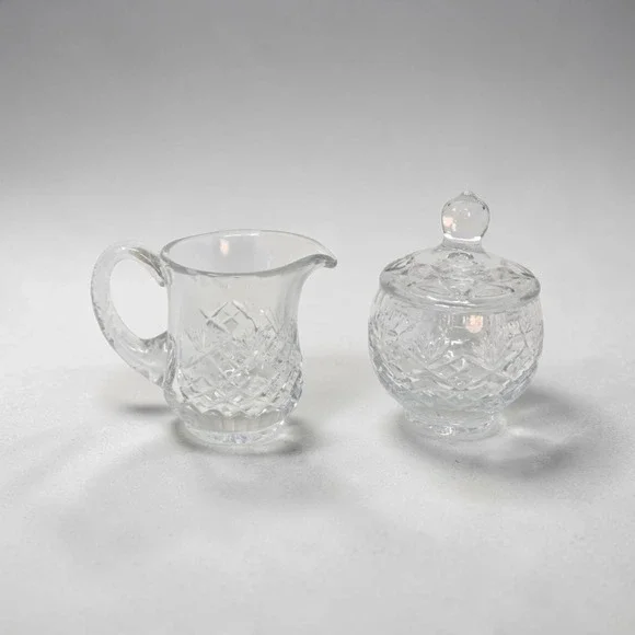 Vintage Cut Crystal Creamer & Covered Sugar Bowl Set - Diamond Fan Pattern MCM