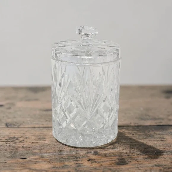Cut Lead Crystal Biscuit Jar Lidded Diamond Fan Pattern Faceted Knob Candy Dish