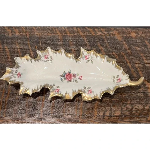 VTG Trinket Serving Dish 9.5 Inch Porcelain Pink Roses Gold Gilt Japan Leaf‎