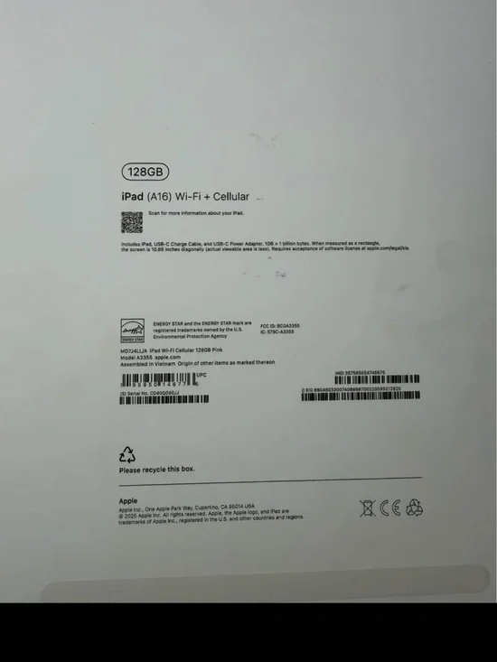 Apple iPad 128GB Wi‑Fi + Cellular Pink Box