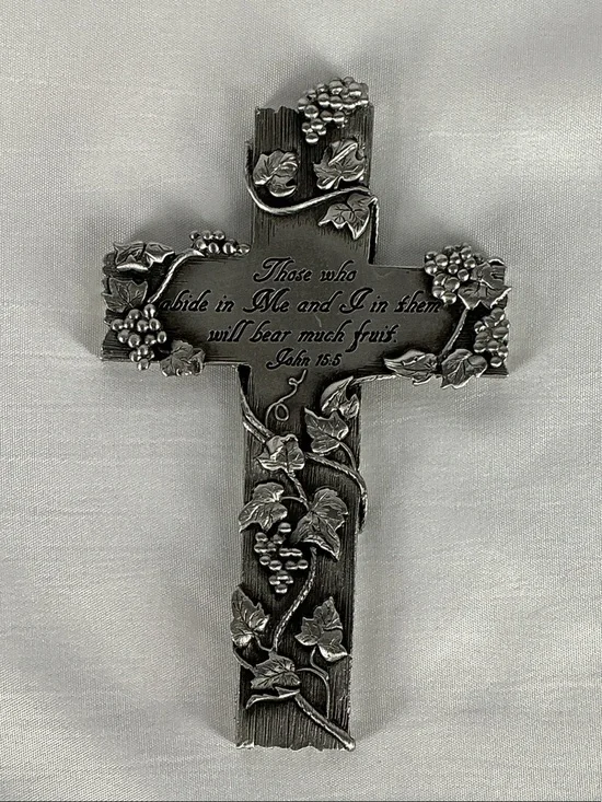 CTA Vintage 2003 Pewter Tone Grapevine John 15:5 Scripture Wall Cross Plaque 5x3