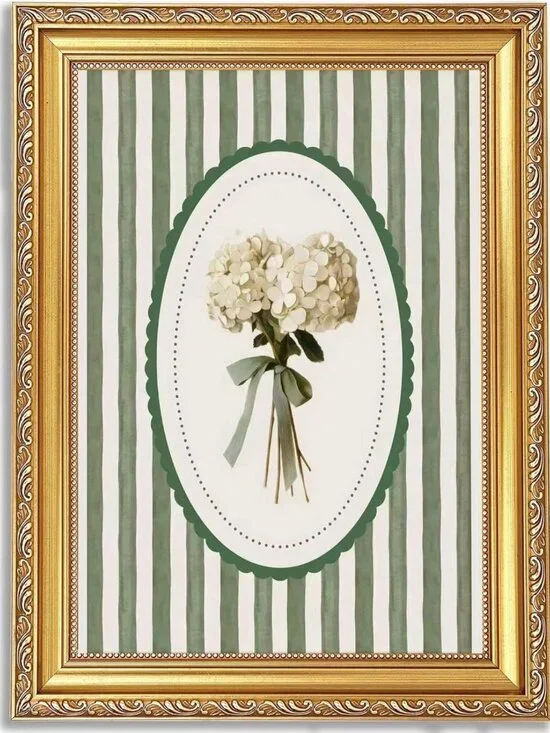Vintage Botanical Wall Art Print, Green Floral Canvas with Gold Frame, Home