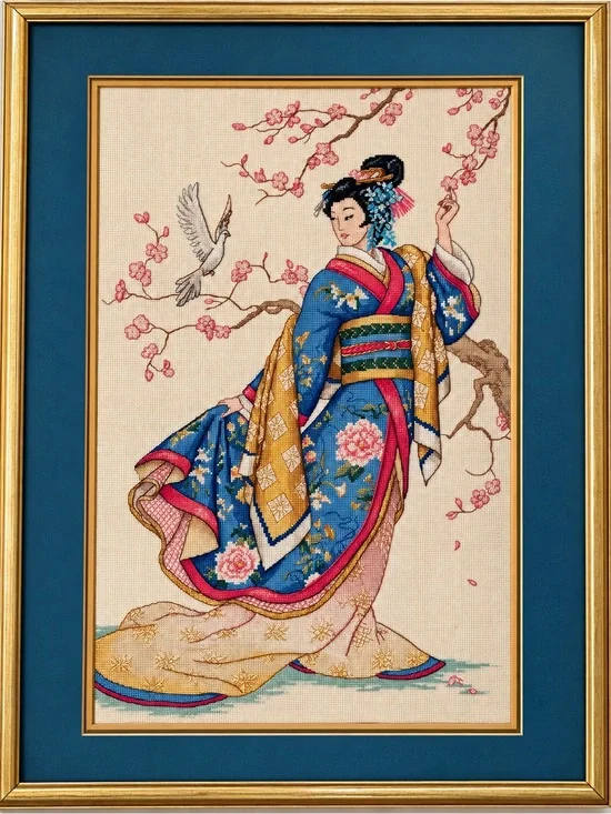 Vintage needlepoint, Japanese geisha, framed Asian art