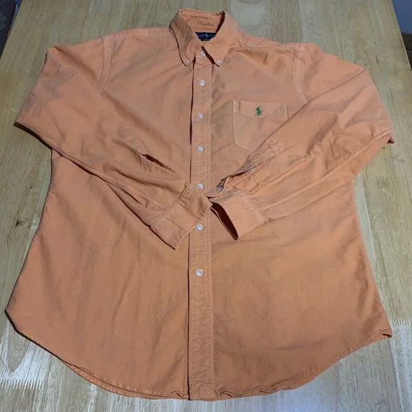 Ralph Lauren Shirt Mens‎ Large Orange Pony Green Cotton Button Down Long Sleeve