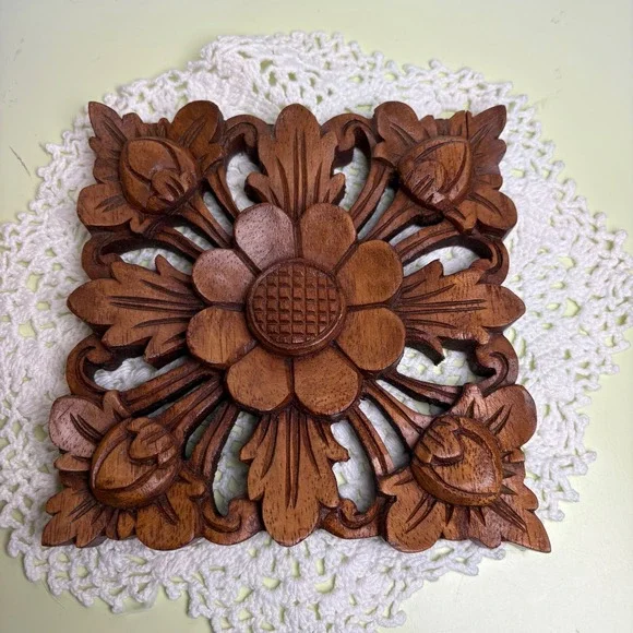 Wood Carved Flower Square Wooden Wall Plaque Boho Bali