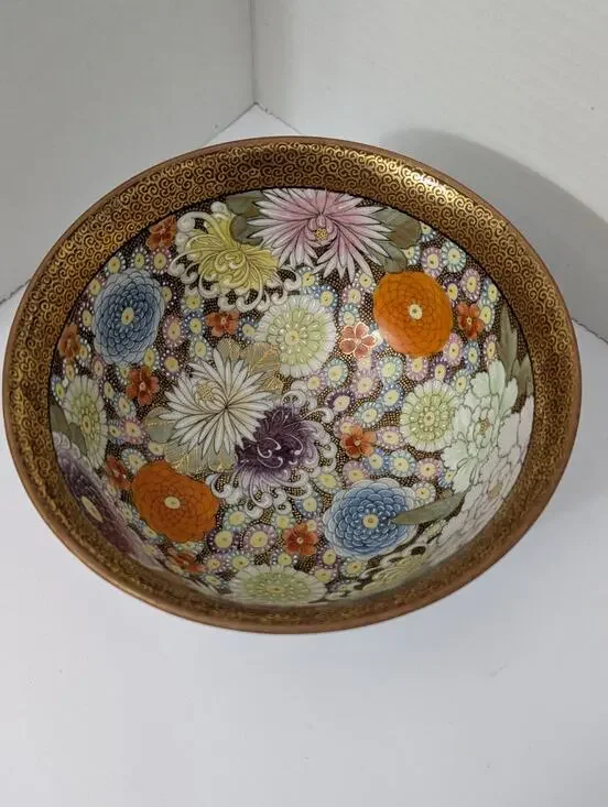 Vintage Kutani Japan Porcelain Bowl Hand Painted Floral Chrysanthemum and Daisy