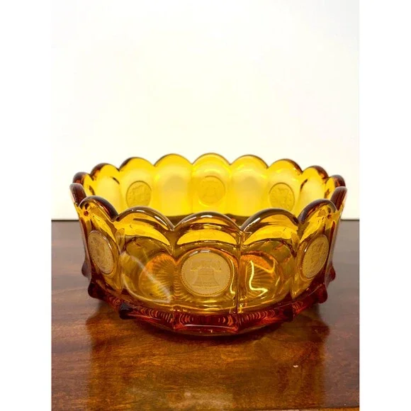 Vintage Fostoria Amber Coin Glass Bowl 7.5” Liberty Bell Scalloped