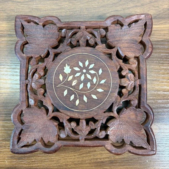 Vintage Hand-carved Wooden Trivet Flowers Inlay Round Footed India 7