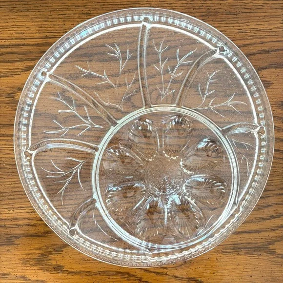 Vintage Clear Glass Divided Deviled Egg Serving Platter Wheat Pattern 12.5in