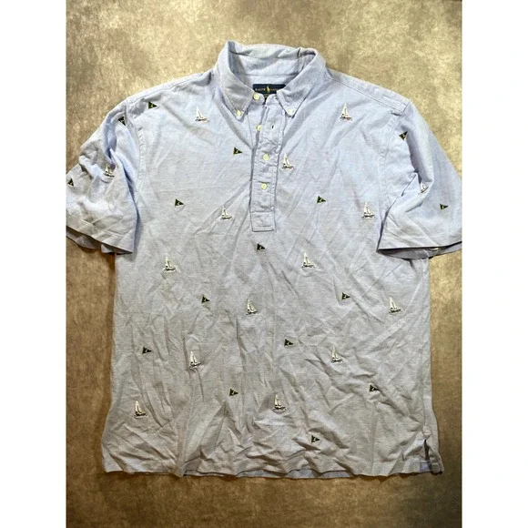 Polo‎ Ralph Lauren Shirt Mens XLT Blue Knit Oxford Sail Boat All Over Print