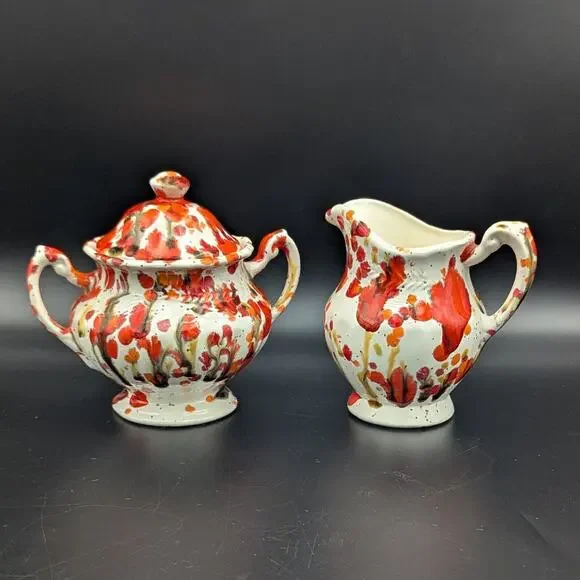 Vintage Drip Glaze Sugar & Creamer Set | Studio Pottery | Hand Painted Ceramic