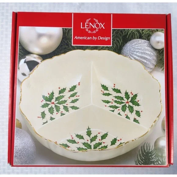 Lenox Holiday Archive 3 Sections Server Relish Holly Berries Gold Trim New!
