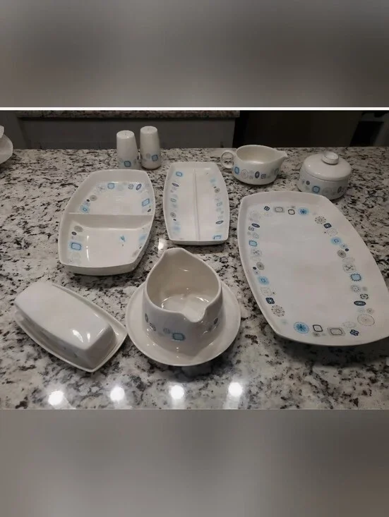 Franciscan White Ceramic Serveware with Light Blue Motif - 11 Pieces