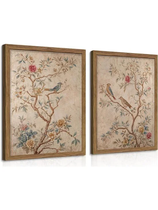 Set of 2 Vintage Floral Bird Wall Art - Charming Peonies & Roses Decor