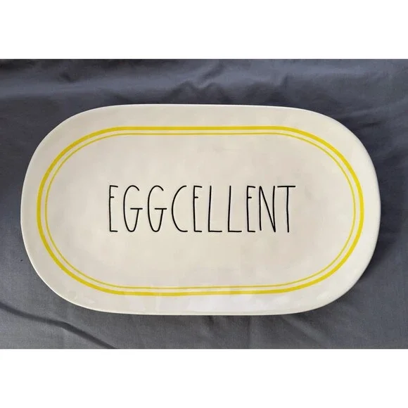 Rae Dunn Eggcellent Oval Platter Yellow Trim Ceramic Tray Large 15