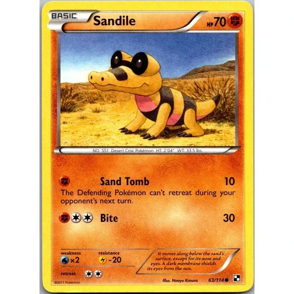 Pokemon Sandile Common Black and White 63/114 MP Fighting Type Card