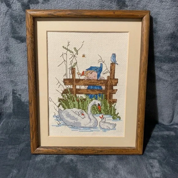 Needlepoint Art Framed Girl Swans Blue Brown Cottagecore Vintage