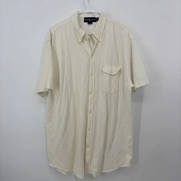 Ralph Lauren Cream Knit Button Up Polo Shirt Men's Size XL‎ Short Sleeve Summer