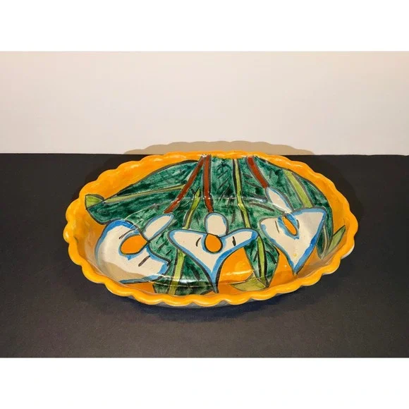 Hand Painted Ceramic Oval Scalloped Floral Serving Bowl Calla Lily Multicolor