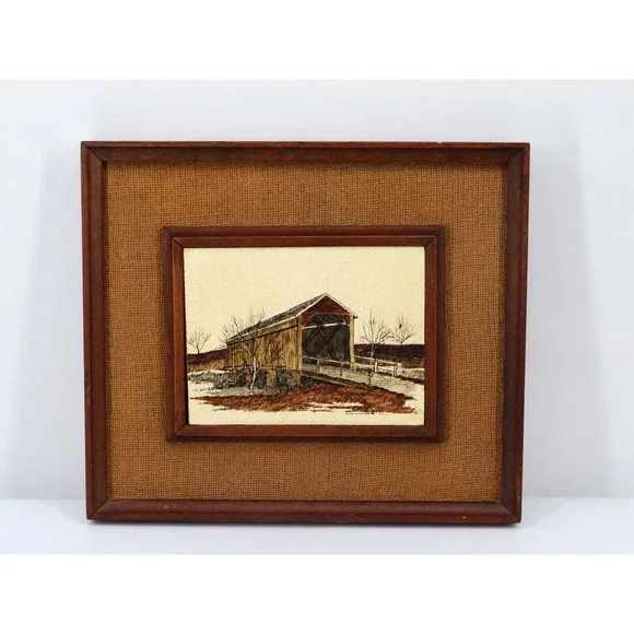 Vintage Signed Covered Bridge Lithograph,Americana, Burlap Wood Frame 13x14