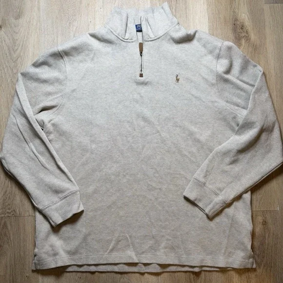 Polo Ralph Lauren Estate Ribbed‎ Cotton Pullover 1/4 Zip Sweater Large Beige L/S