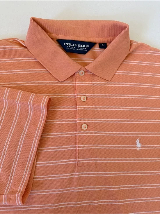 Ralph Lauren Polo Golf Orange‎ Striped Polo with White Pony Logo Size Large