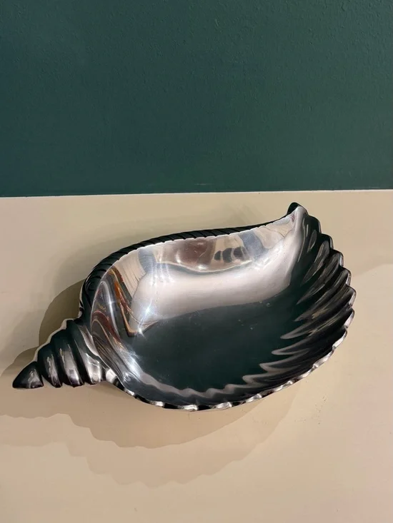 Large silver pewter sea shell conch bowl platter catchall dish
