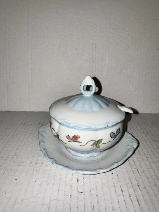 Haas & Czjzek Butterfly Jam Jelly Pot Blue White Porcelain Lid Plate Spoon Set