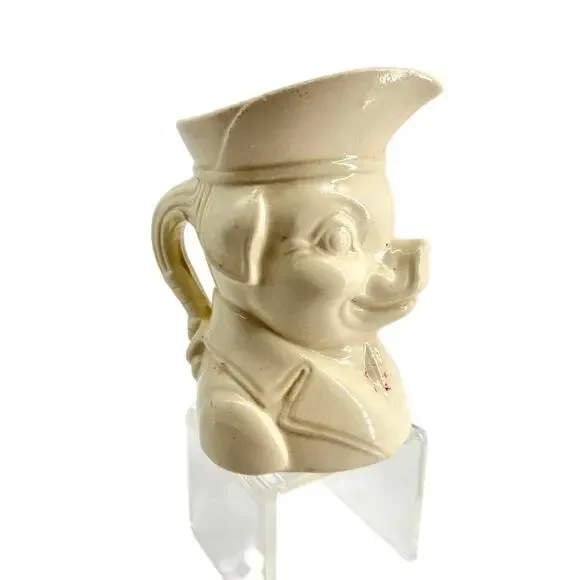 Vintage 1940s Colonial Pig Figural Pitcher Cream Ceramic Toby Jug 6