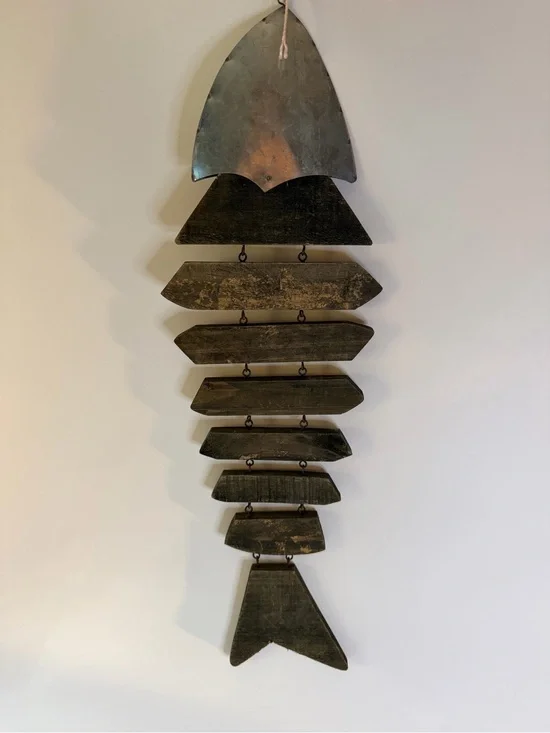 Articulated fish skeleton- wood and galvanized metal | rustic charm