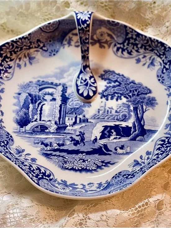 Spode Blue and White Transferware Serving Dish with Spoon