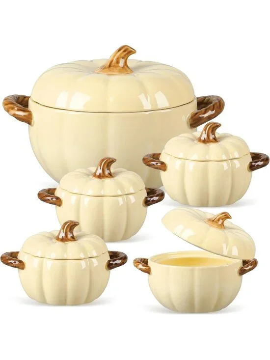 Set of 5 Decorative Ceramic Pumpkin Bowls with Lids & Handles - Cream Yellow