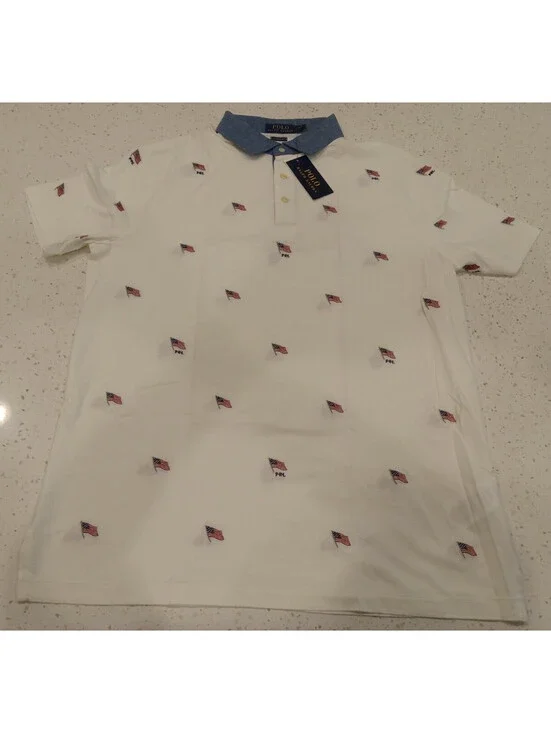 Polo Ralph Lauren Shirt Mens Large White American Flag Embroidered Blue Collar L