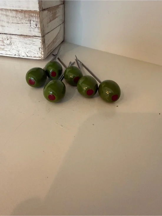 Vtg. Olive Cocktail Picks Set of 6 Green Pimento Martini Barware Appetizer Forks
