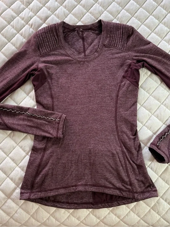 Lululemon Women’s Star Runner Long Sleeve Top Maroon Striped Pleated Shoulder Sm