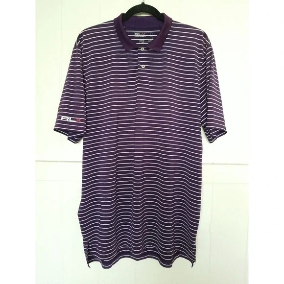 RLX Ralph Lauren Logo Polo Golf Shirt Mens L Purple Short Sleeve Striped