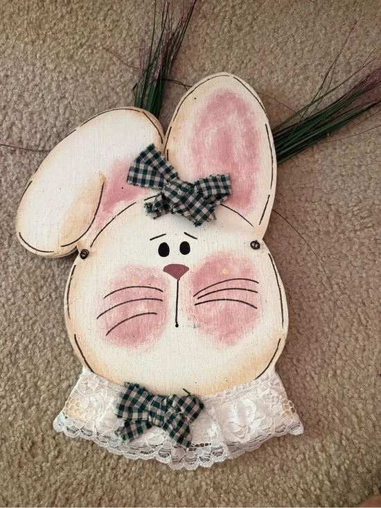 Wooden Pink Bunny door hanger with Lace and Plaid Bows