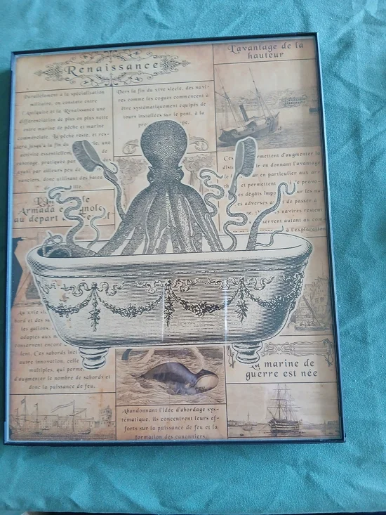 Vintage-Style Octopus Bathtub Wall Art Print - Brown & Beige