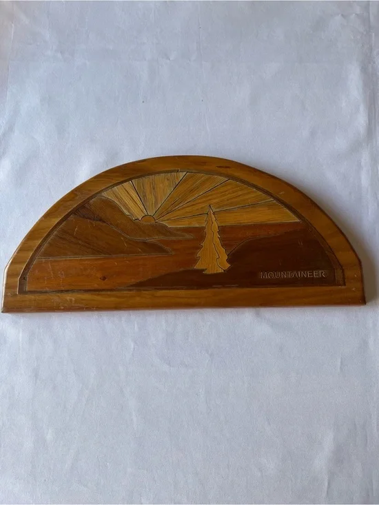 Vintage Wooden Marquetry Wall Plaque Half Moon Door Topper Mountaineer Sunset
