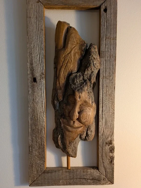 Wood Handcarved Spirit Tree Face sculpture wall art natural weathered frame