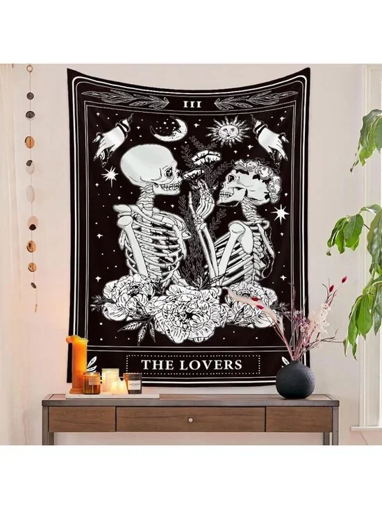 Gothic Skull Tapestry - Black & White Skeleton Wall Hanging for Dark Aesthetic