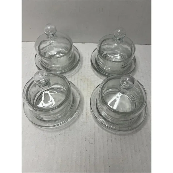 4 Vintage Clear Glass Mini Individual Butter Cloche Covered Dish Single Serve