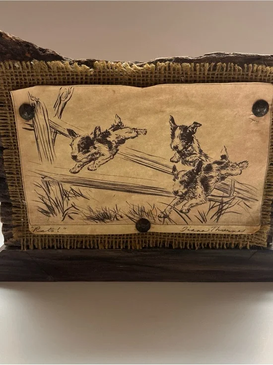 Diane Thorne “Rats” Distressed Art - wood stand burlap