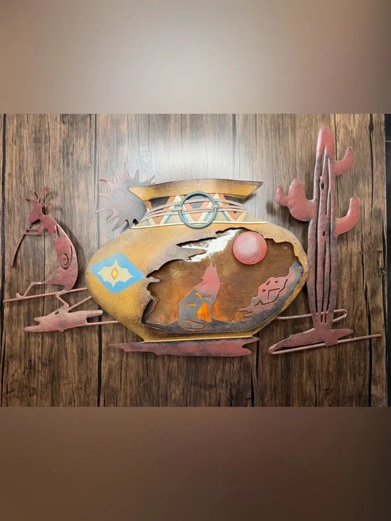 Vintage Southwestern Metal Wall Art - Desert Scene in Rust, Yellow, Blue