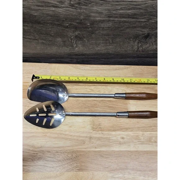Vintage Duncan Hines Stainless Wood Handle Serving Spoon Set 2pc Slotted Solid
