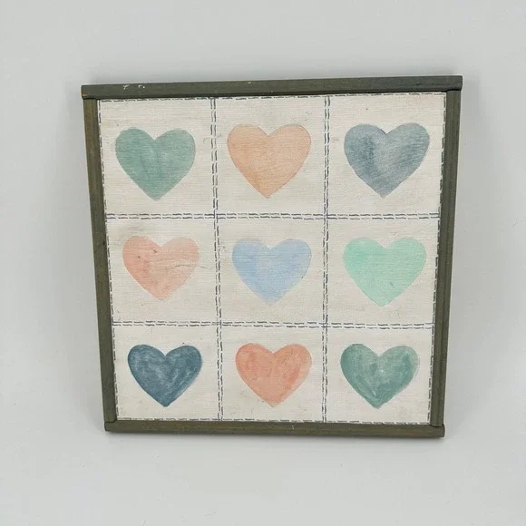 Rustic Wooden Square Wall Art Nine Pastel Hearts Grid Grey Frame 12x12