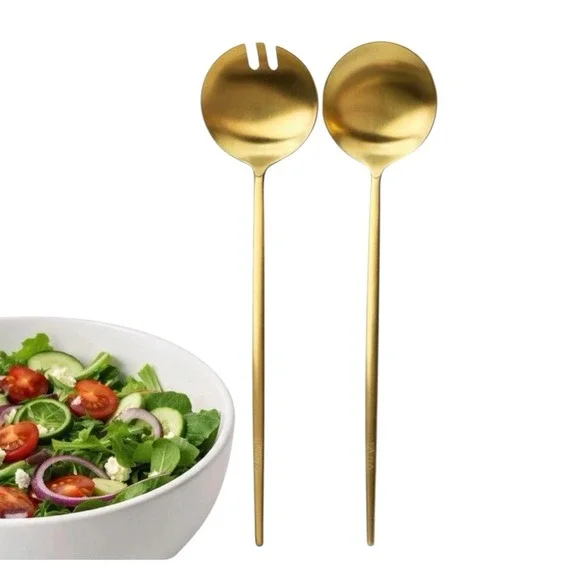 TAJA Collection Salad Servers Set Gold Stainless Steel Modern Brass Tone 11.8