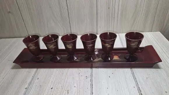 VTG Imaoka Trading Co Japan AIZU Sake Set 6 Cups Tray Deep Red Gold Beach Scene