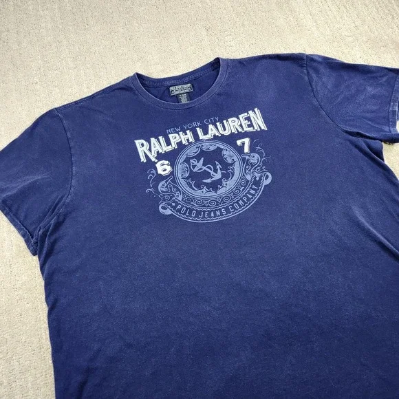 Vintage Ralph Lauren‎ Shirt Men XL Polo Jeans Y2K New York 67 Spellout Blue